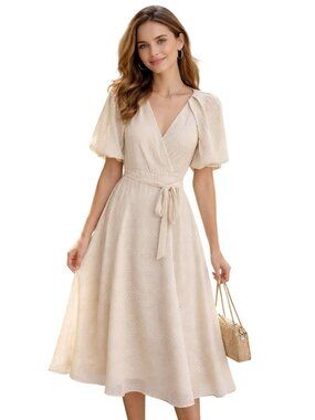 Maison Tara Beige Puff Sleeve Midi Dress Size 12 With Tie Waist